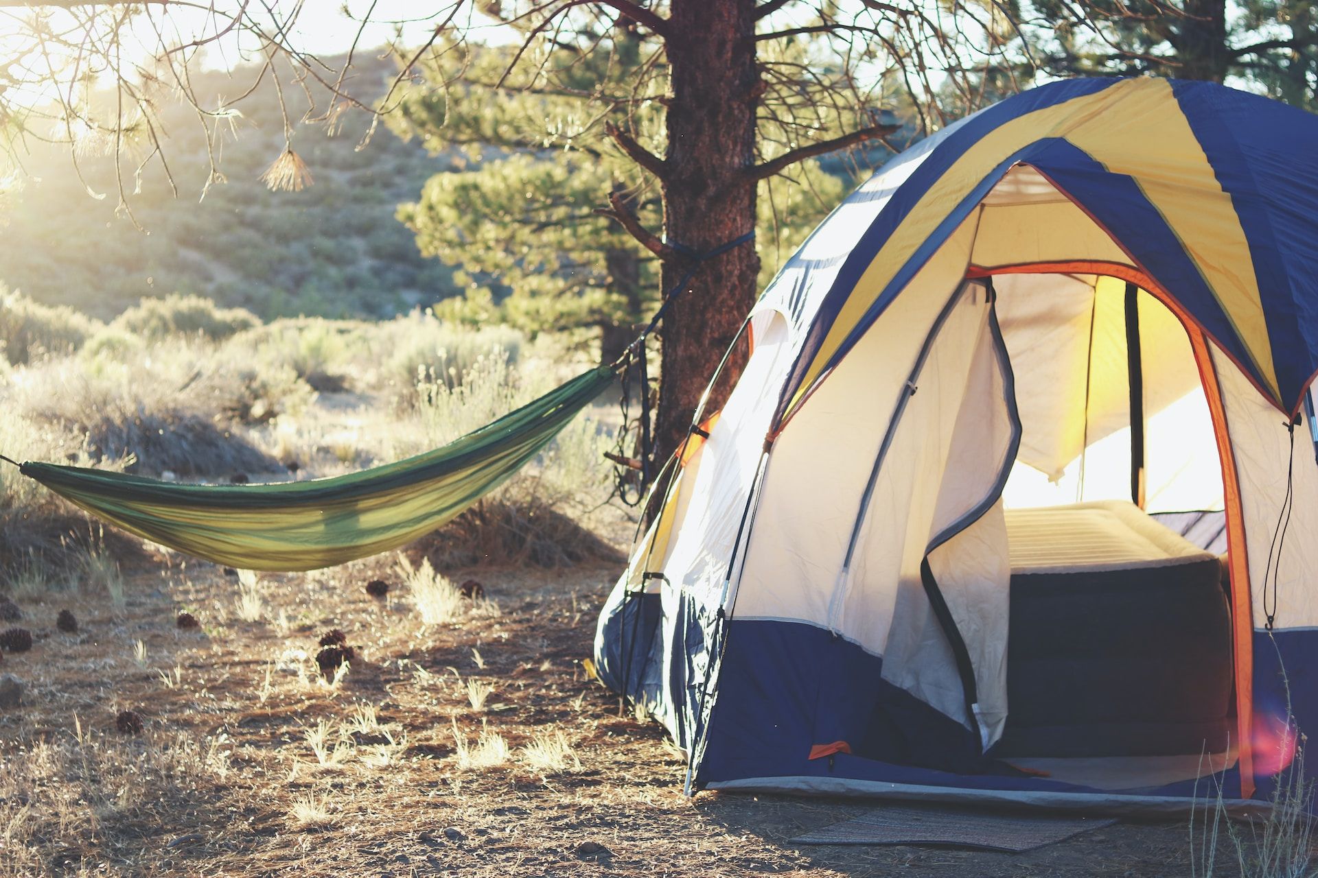 Camping tent beside a green hammock