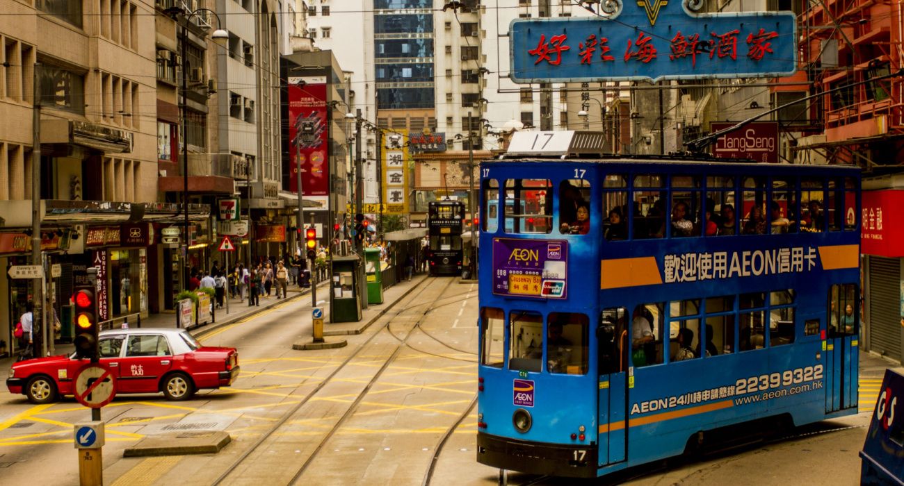 Double deck tram in Sheung Wan district of Hong Kong