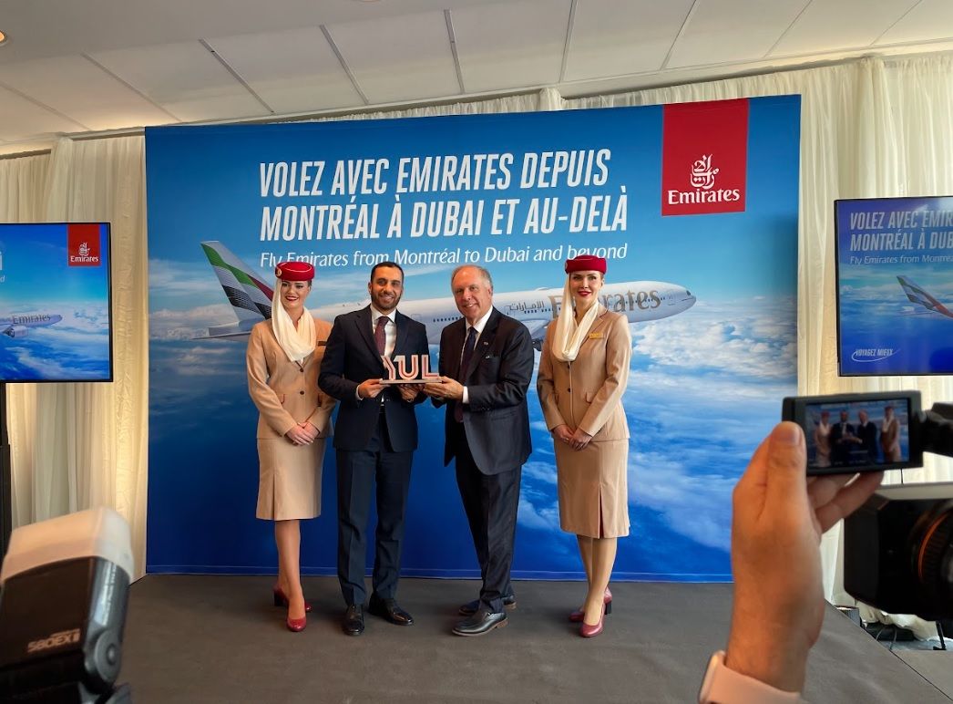 Emirates executives and employees celebrate the inaugural flights of Emirates' new Montreal-Dubai and Dubai-Montreal routes in Montreal, Canada, July 5, 2023