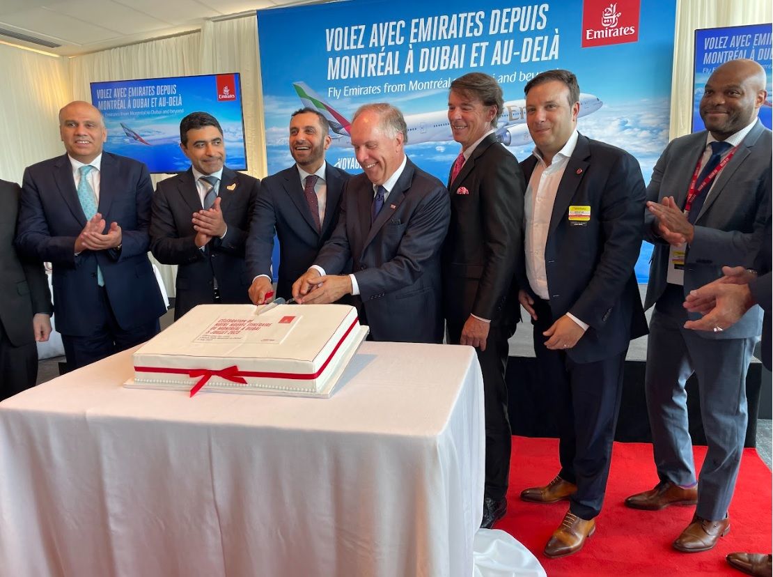 Emirates executives celebrate the inaugural flights of Emirates' new Montreal-Dubai and Dubai-Montreal routes in Montreal, Canada, July 5, 2023
