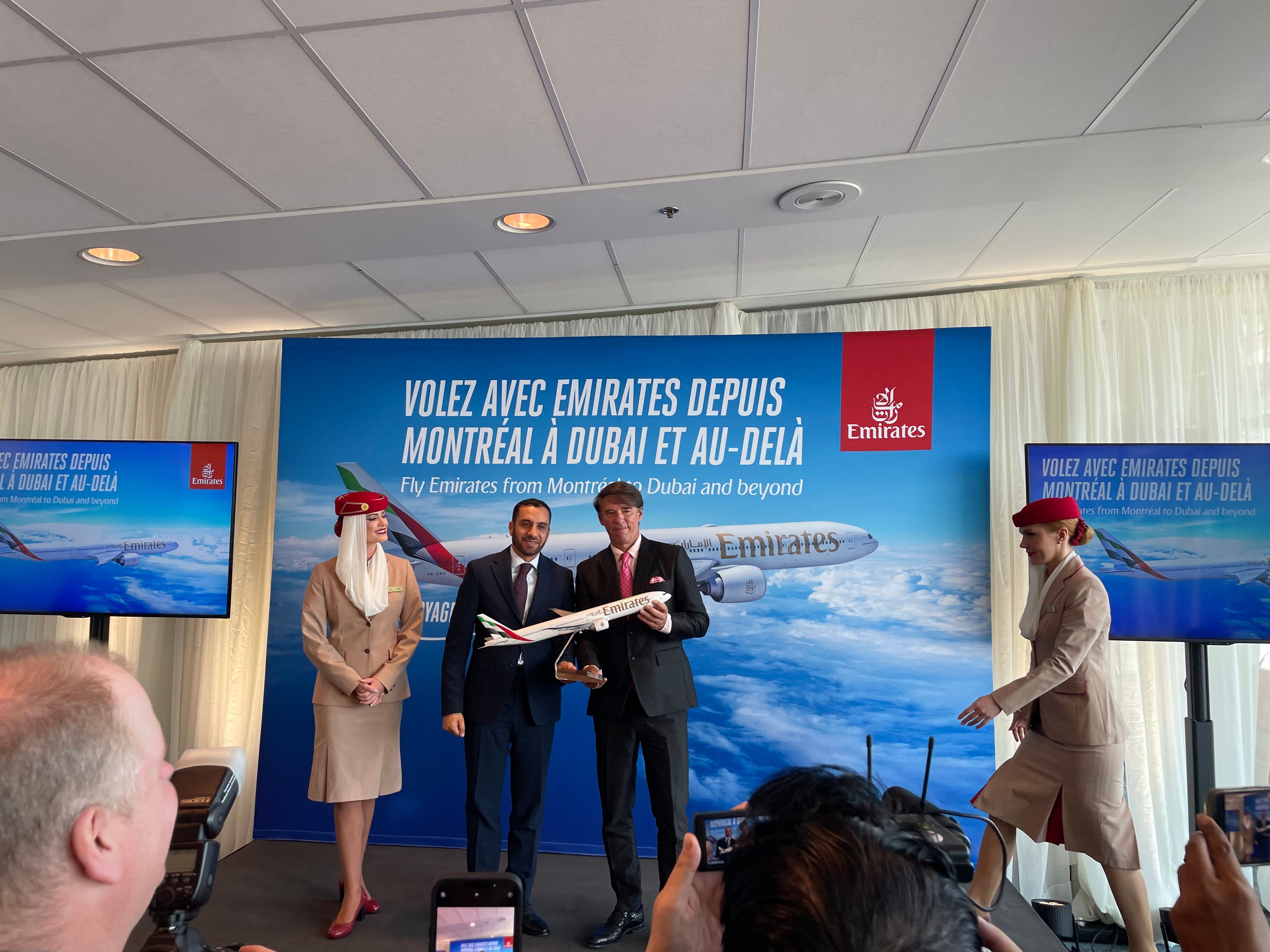 Emirates airline executives and employees in Montreal, Canada on July 5, 2023 