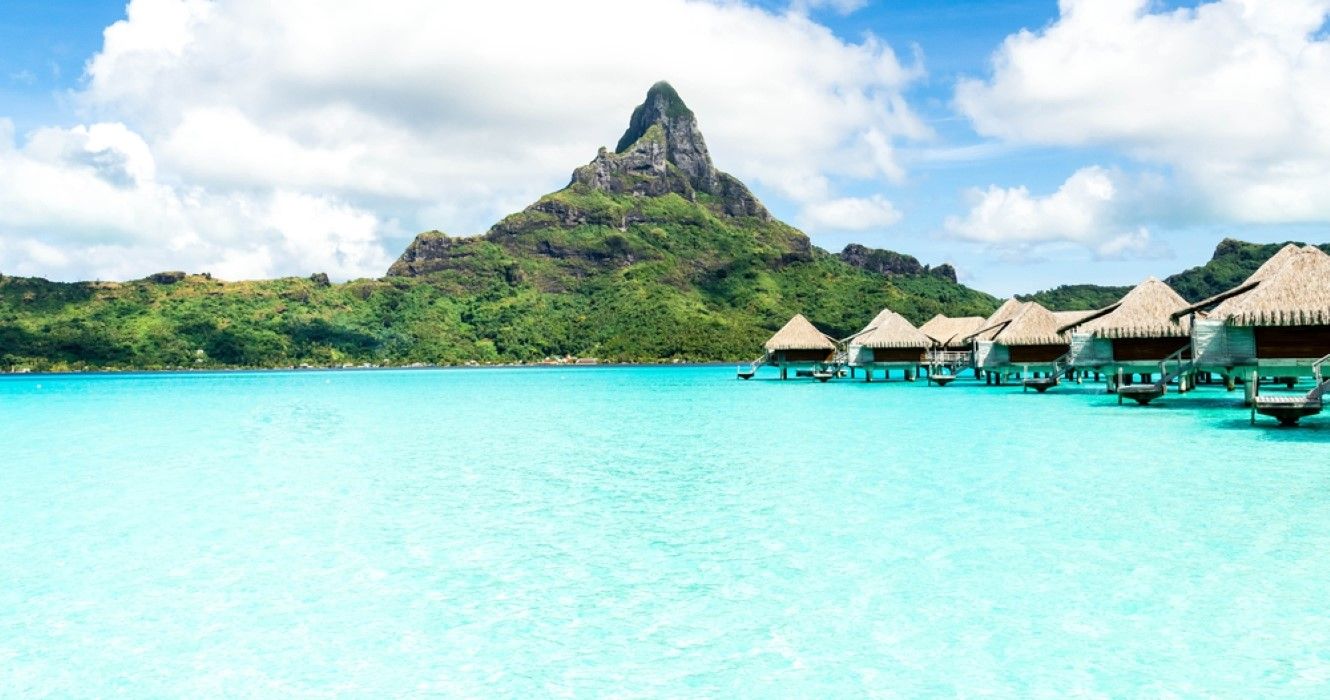 View of Mount Otemanu and overwater bungalows on the tropical island of Bora Bora