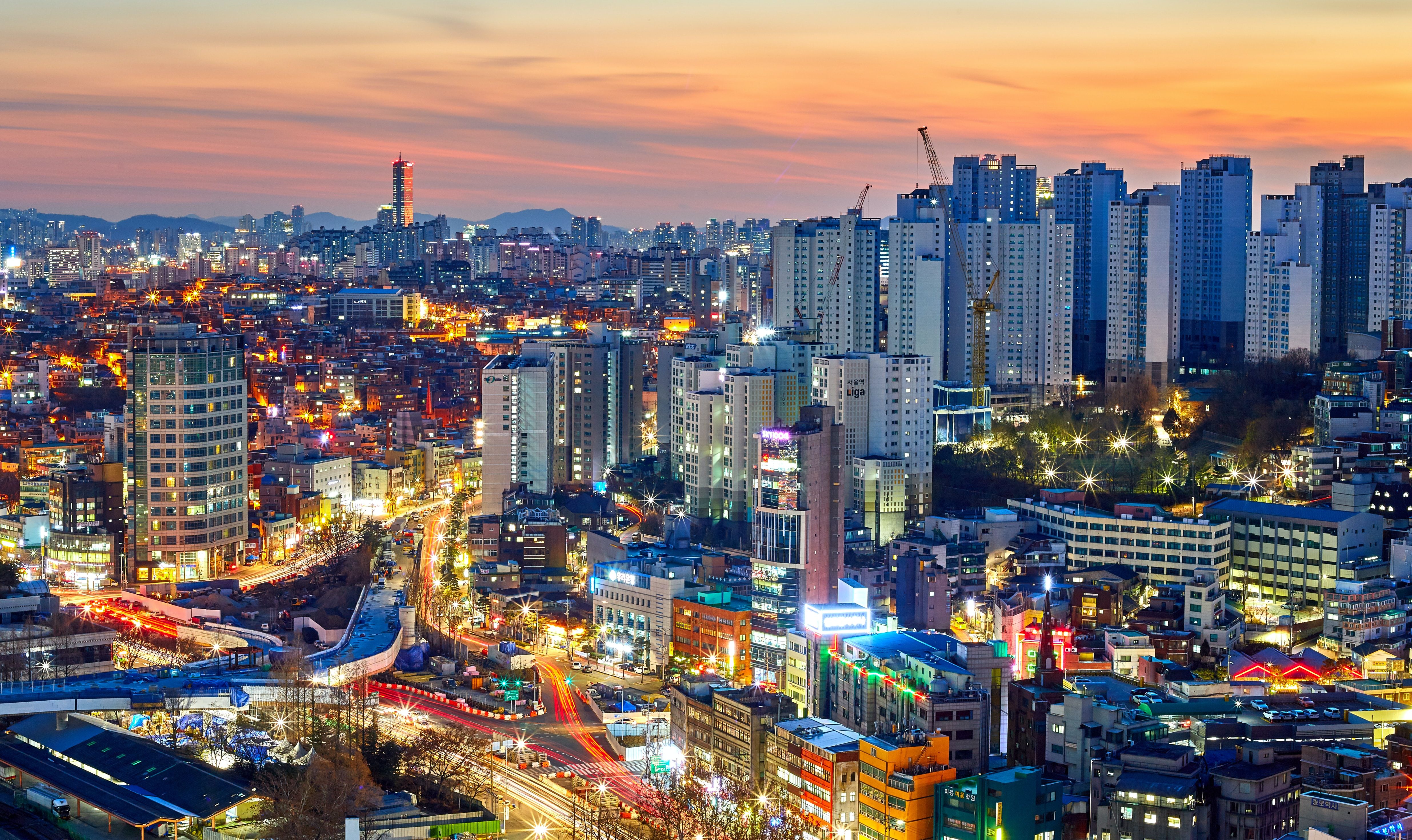 Aerial view of the cityscape in Seoul South Korea around sunset