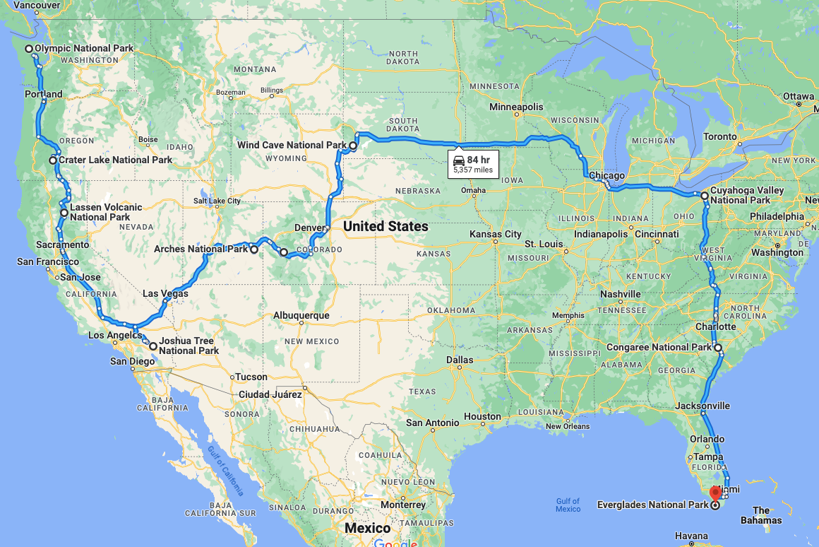National Park Cross-Country Road Trip Map 