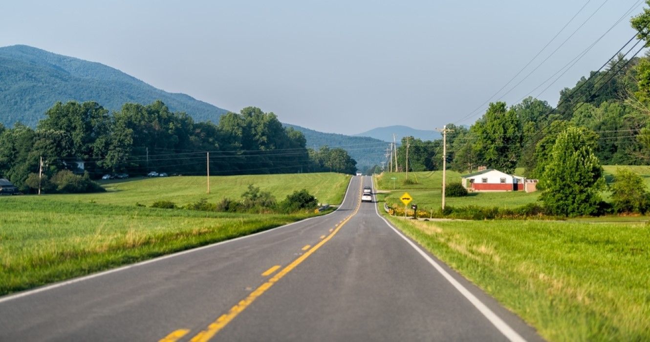 North Carolina highway road with blue sky near Blue Ridge Mountains parkway