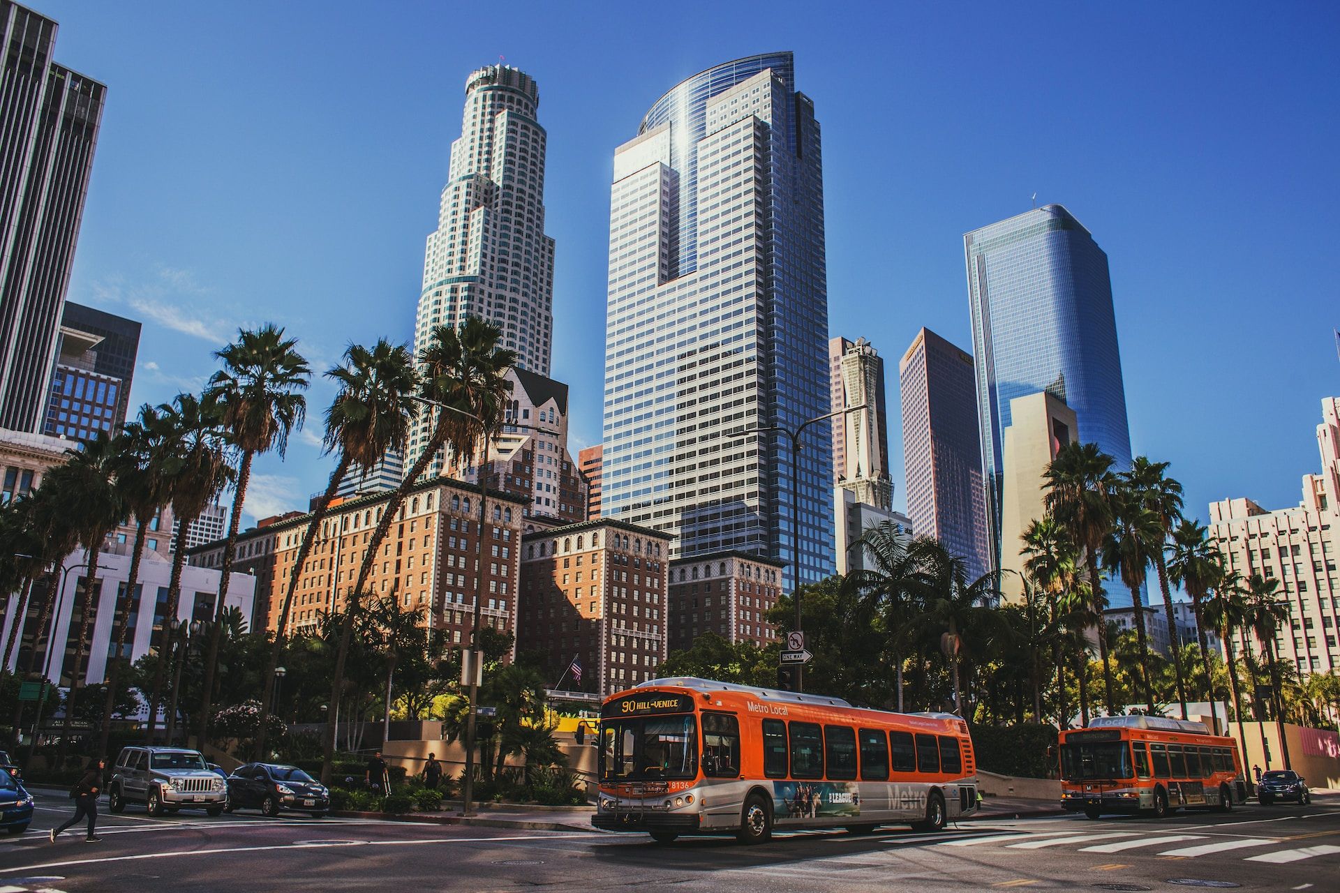 A bus in downtown Los Angeles, California