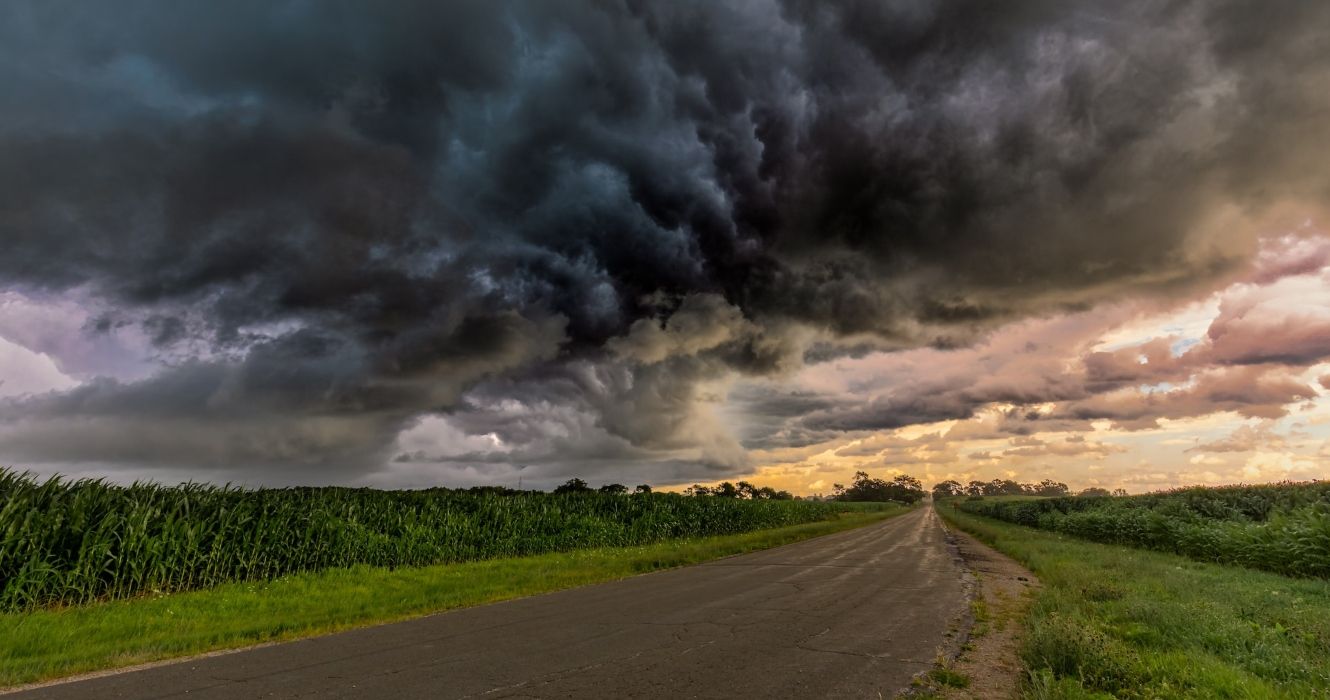 Ominous gray clouds over a road in Sun Prairie, WI, USA