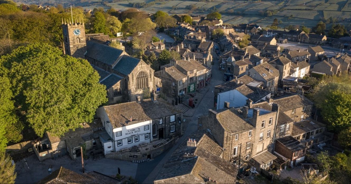 An aerial view of Haworth main street, near Keighley, West Yorkshire, United Kingdom, the home of the Bronte Sisters