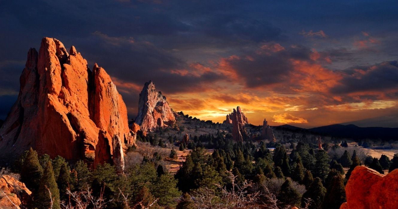 Evening and sunset at the Garden of the Gods Park in Colorado Springs, Colorado, USA
