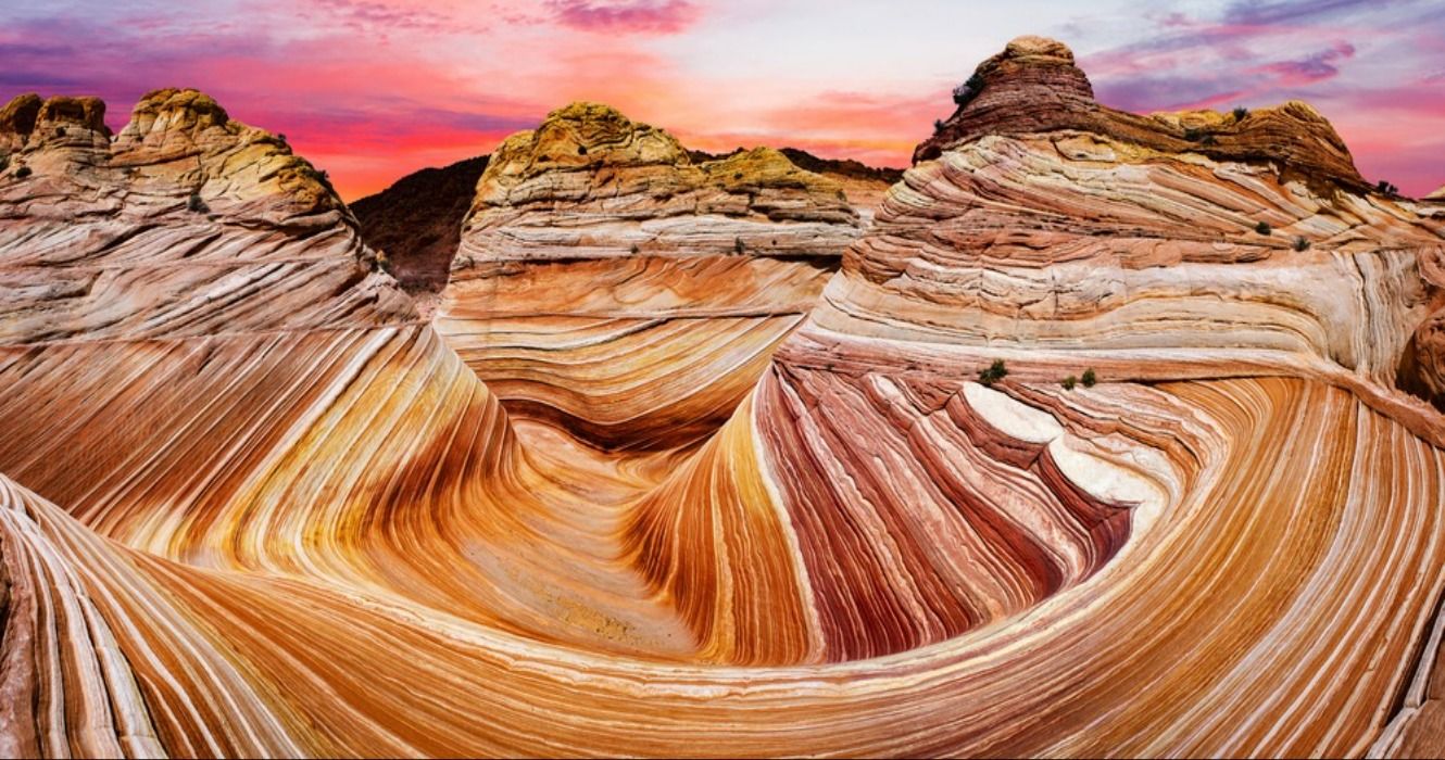 Sunset at The Wave, a swirling petrified dune sandstone formation in Coyote Buttes North, Arizona/Utah, USA