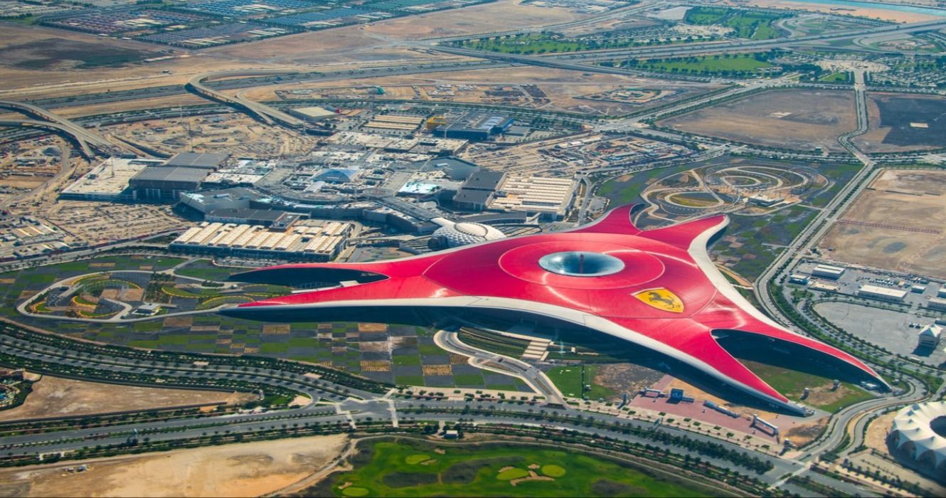 Aerial view of Ferrari World Park, Abu Dhabi, UAE