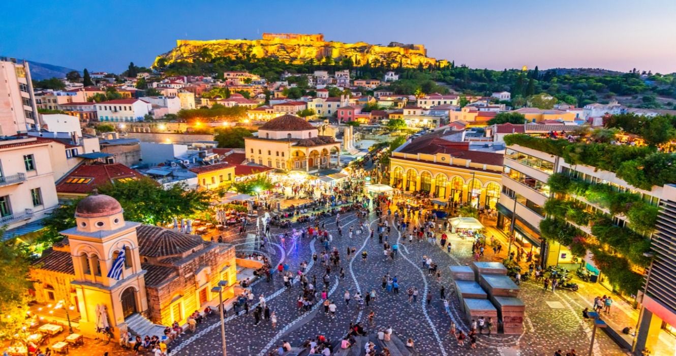 Night view of Athens from above Monastiraki Square and the ancient Acropolis, Athens, Greece