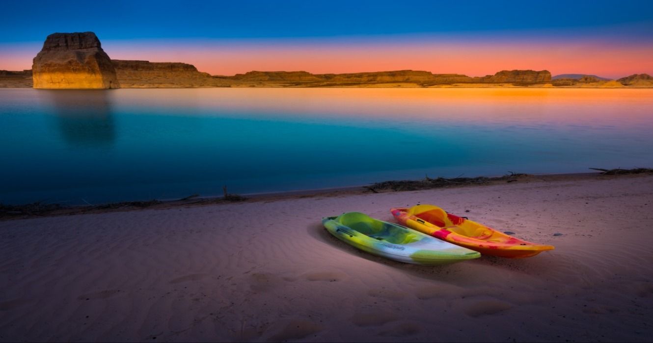 Two kayaks at Lone Rock Beach at Lake Powell, Utah/Arizona, USA