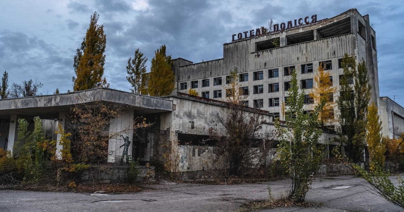 An abandoned building near Pripyat city, Chernobyl Exclusion Zone, Ukraine