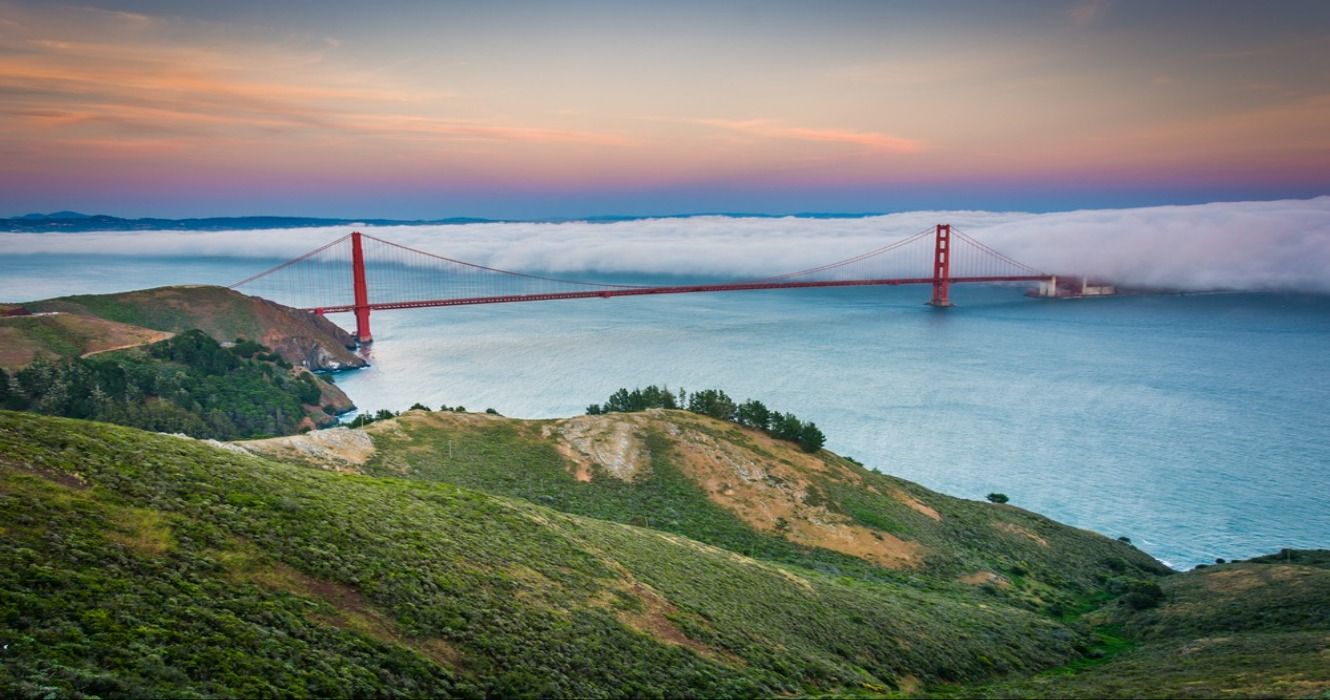 Golden Gate Bridge seen from Hawk Hill, Golden Gate National Recreation Area, San Francisco, California, United States of America
