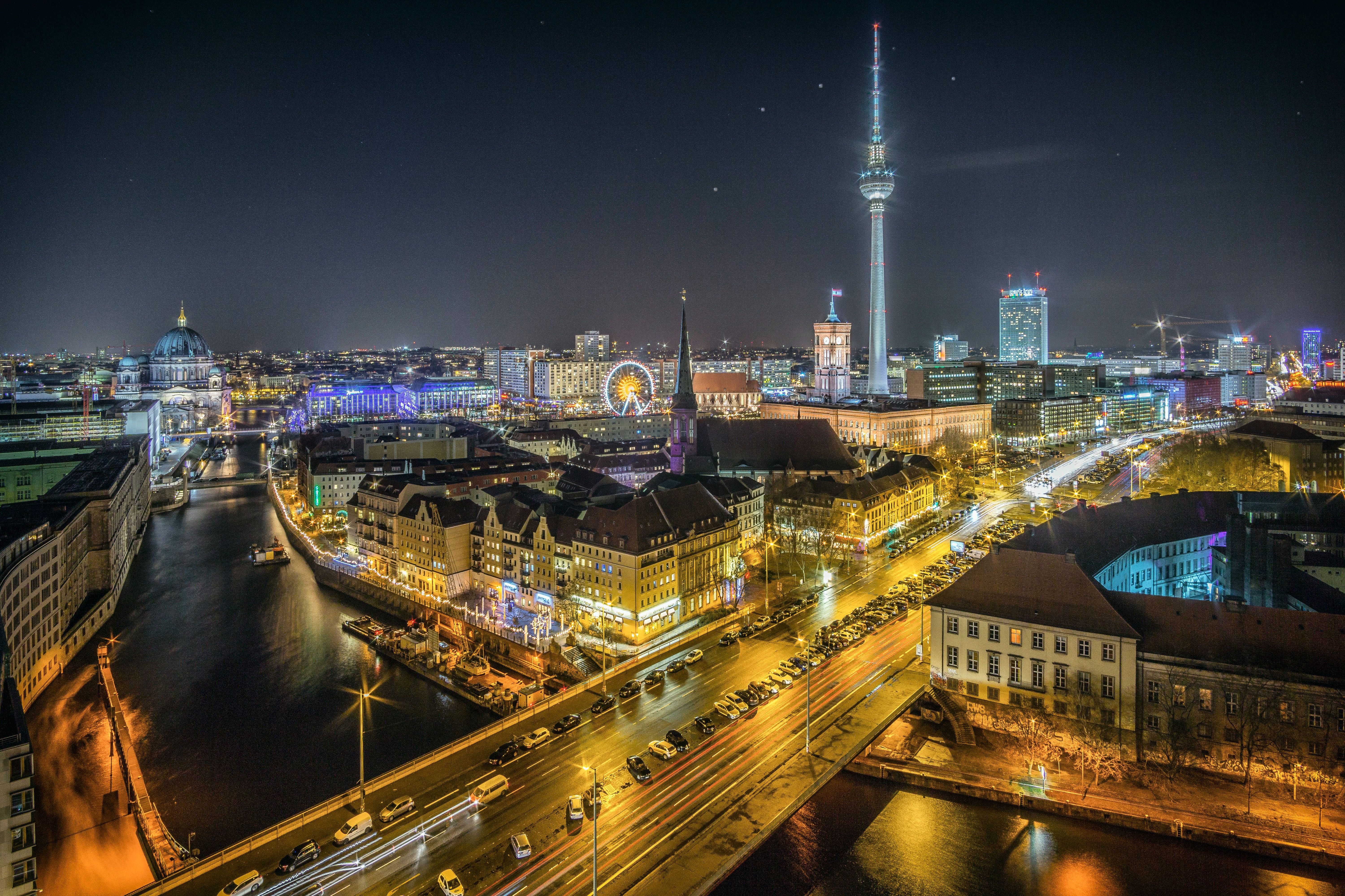 Aerial view of nighttime in Berlin, Germany