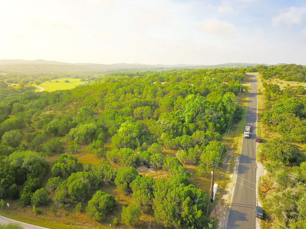 A scenic road through green farmland in Hill Country