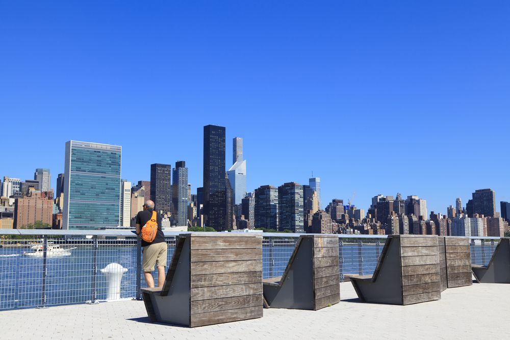 The NYC skyline and skyscrapers seen from Gantry Plaza State Park, Queens, New York City, USA
