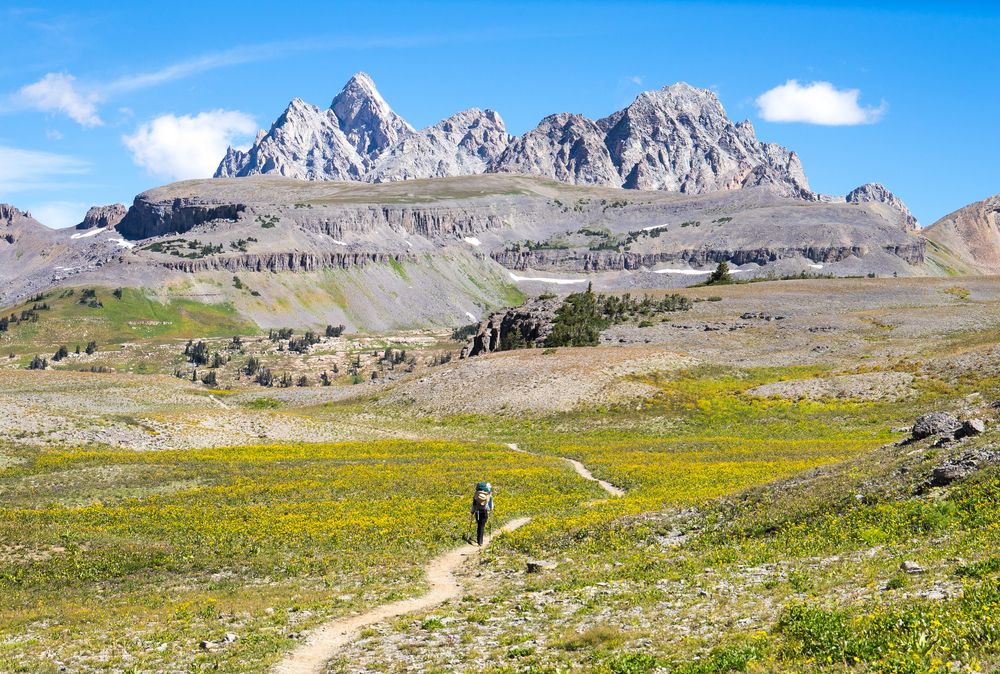 A backpacker hiking the Teton Crest Trail in Grand Teton National Park, Wyoming, USA