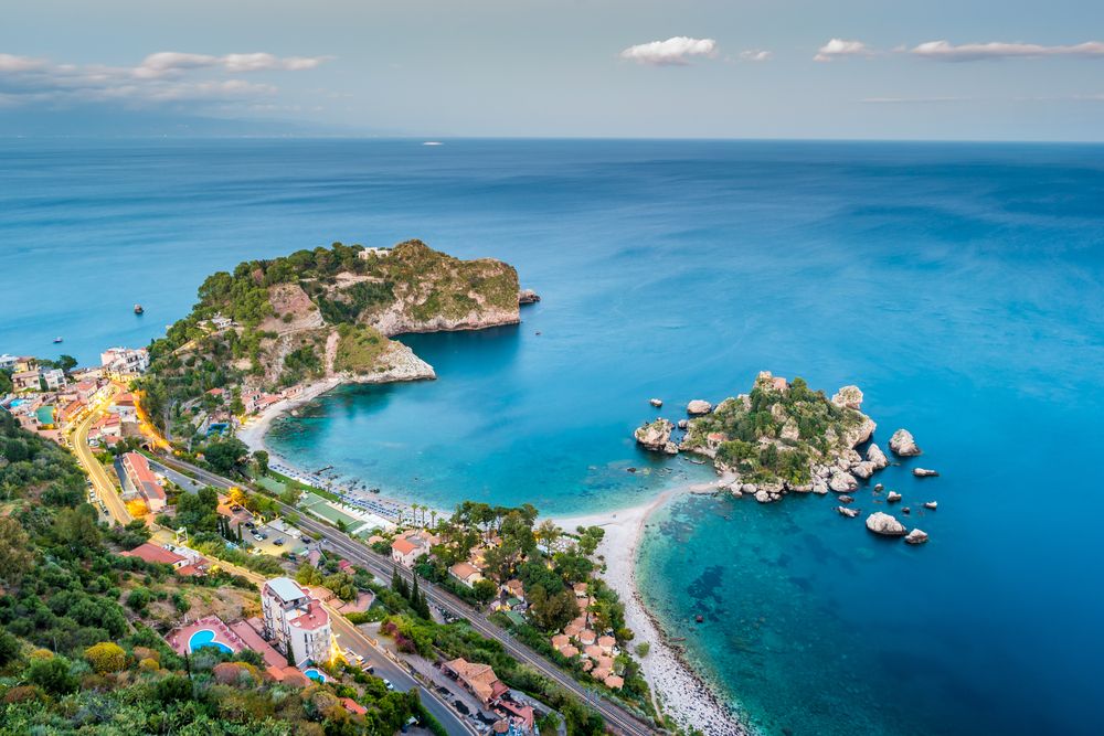 A view of Taormina and the island Isola Bella in Sicily, Italy