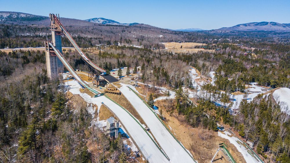 A panoramic view of the ski jump towers in Lake Placid