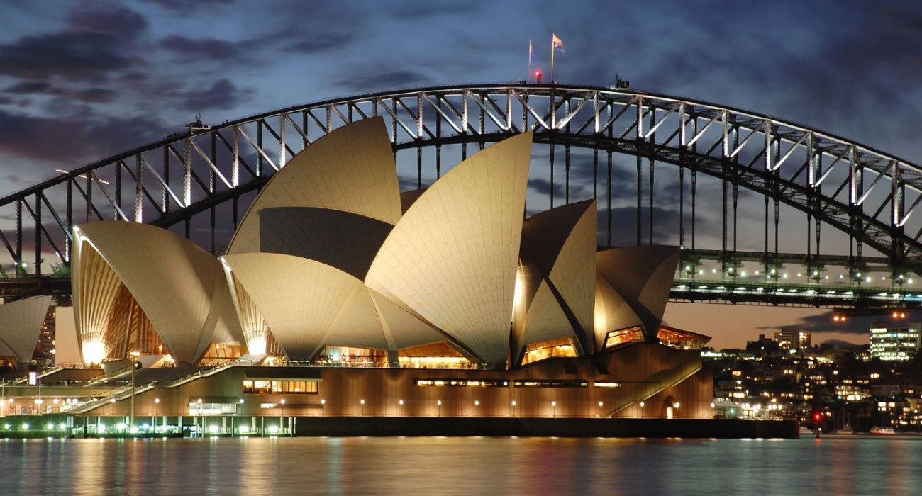 Sydney Opera House with Harbour Bridge at night