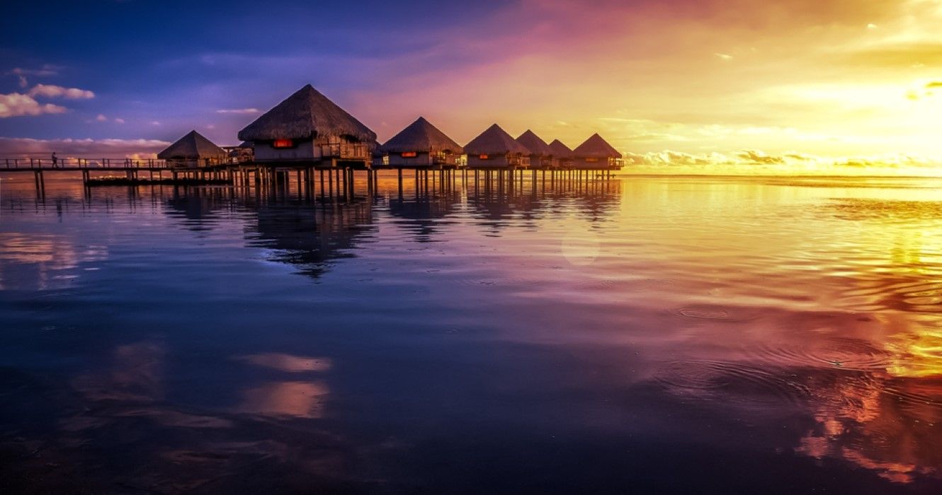 Tahiti resort with sunset