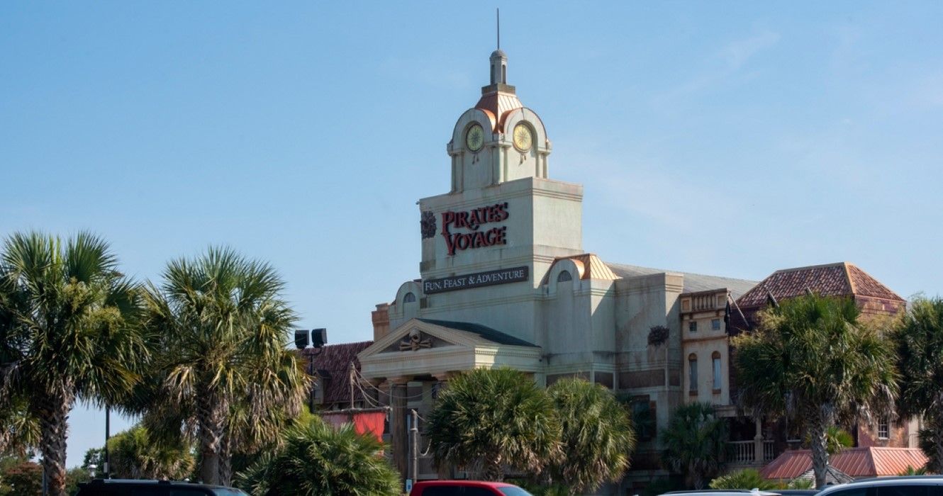 The exterior of Pirate's Voyage dinner show is seen from outside, Myrtle Beach, South Carolina