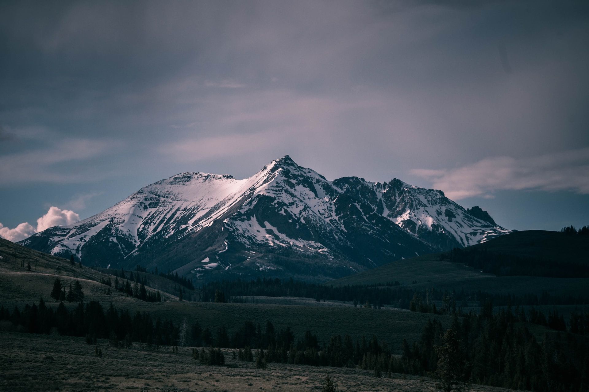 View of Yellowstone National Park's snow-capped mountain ranges