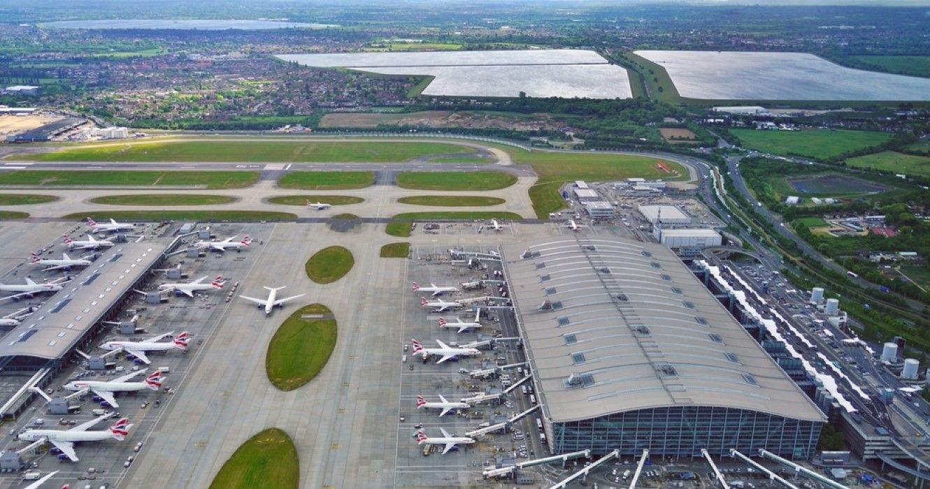 View of airplanes from British Airways (BA) at the T5 Terminal 5 at London Heathrow Airport (LHR), the main airport in London