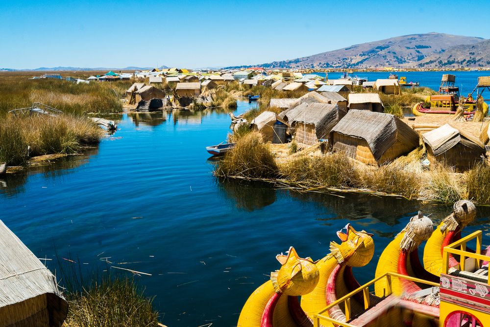 View of Uros floating islands with typical boats