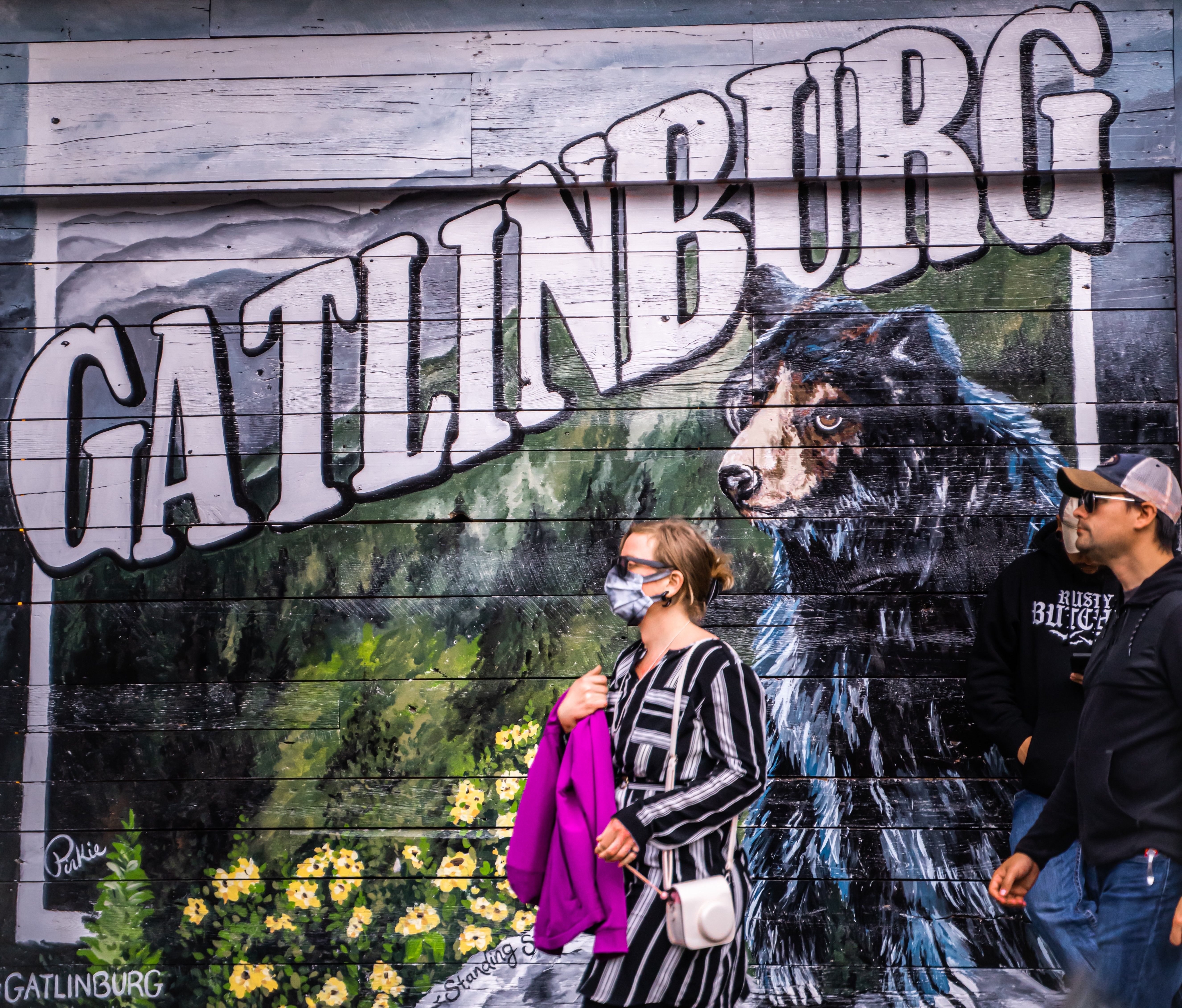  People passing by A wooden wall featuring "Gatlinburg" in Gatlinburg, USA