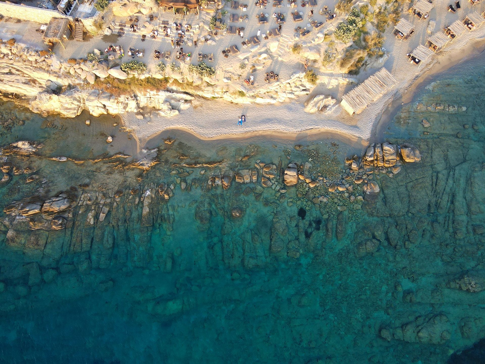 Aerial view of a beach in Mykonos