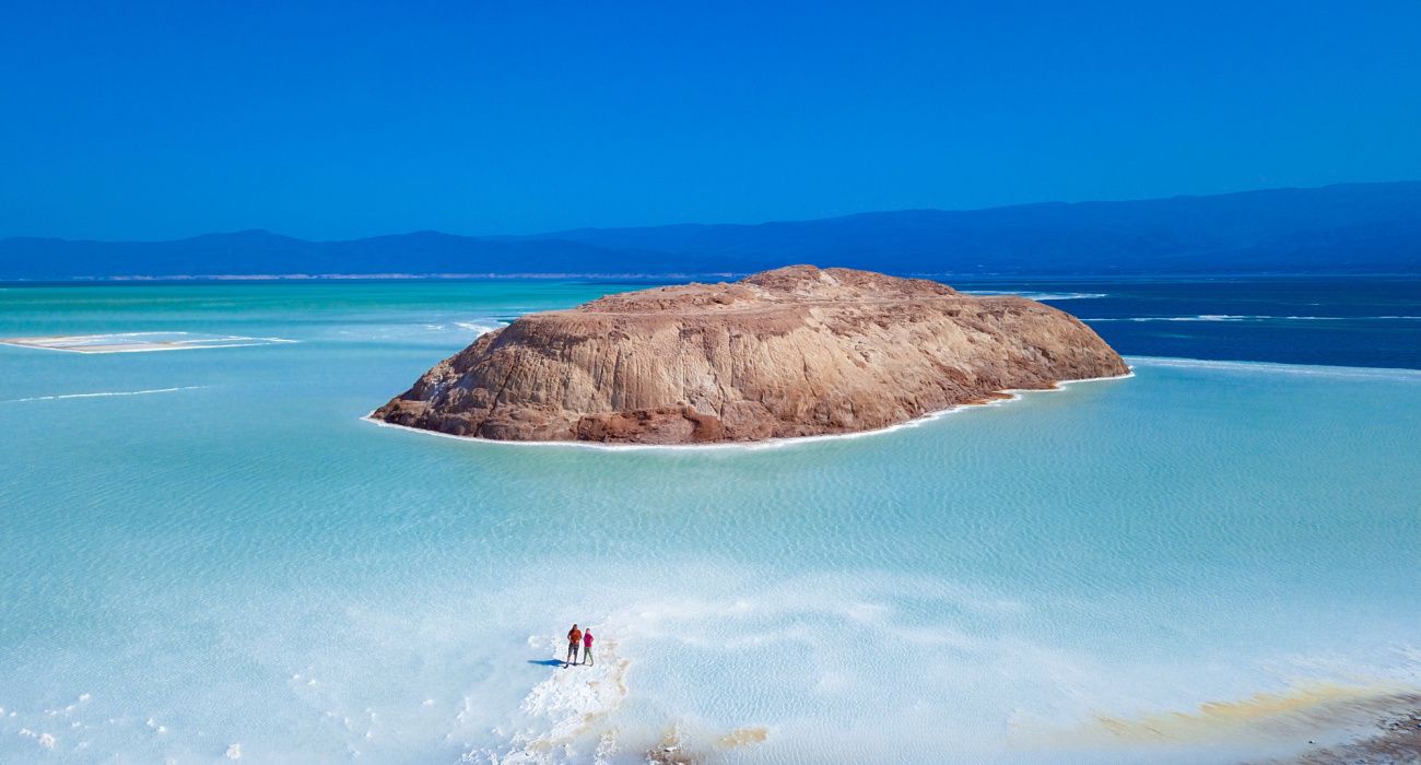 Aerial View to Tourists on the Blue Salty Lake Assal, Djibouti