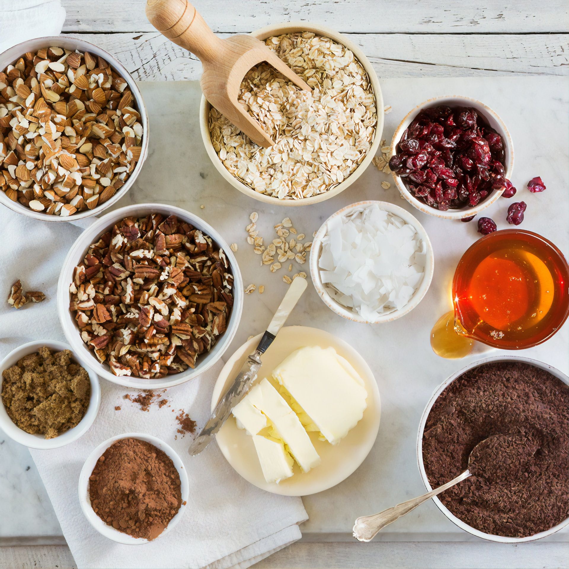 Chocolate, nuts, oats, and other baking ingredients 