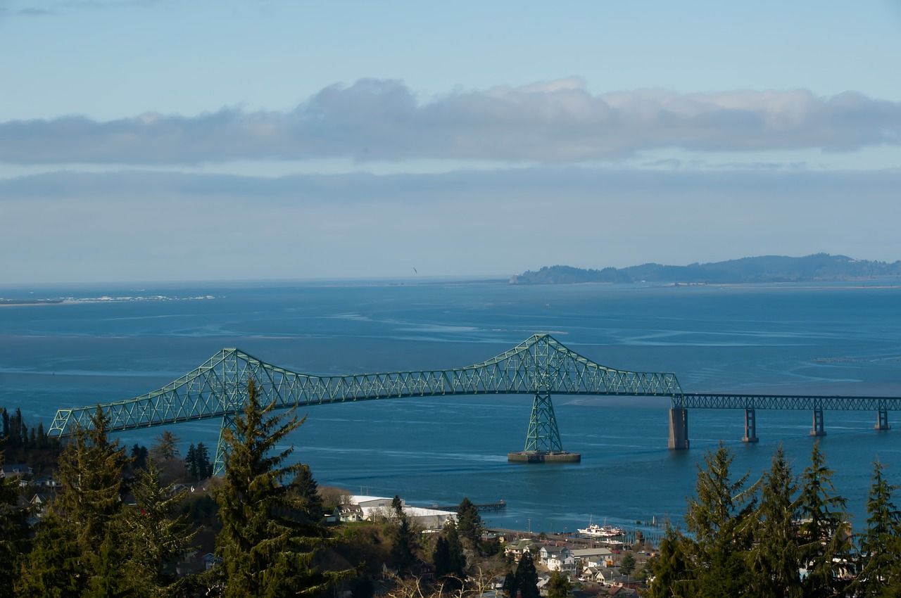 An aerial view of the Astoria-Megler Bridge in Oregon