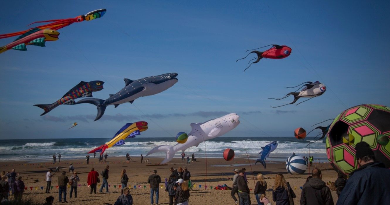 Beach view of windsock figural kites at the fall kite festival, Lincoln City, Oregon