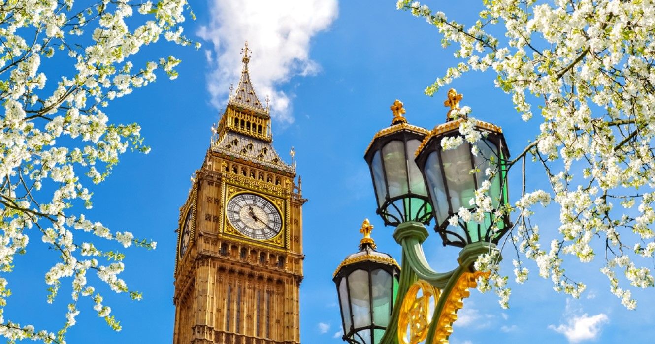 Big Ben tower and Westminster street lamp in spring, London, UK