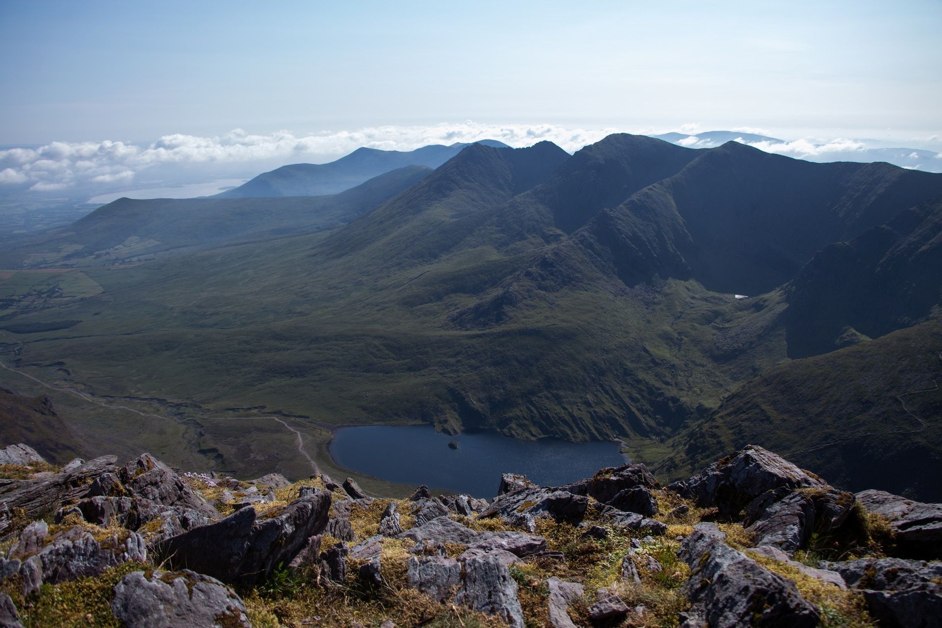An aerial view of Lough Calee from the summit of Carrauntoohil