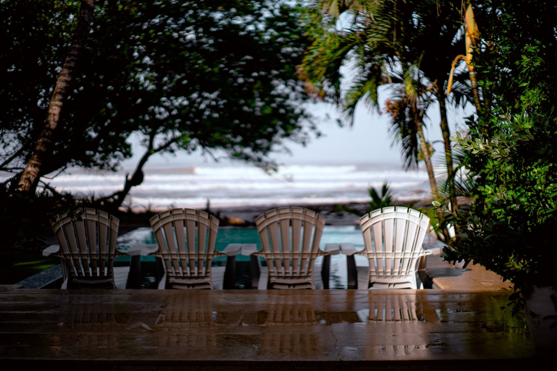 Outdoor Pool Chairs overlook the Pacific Ocean in Costa Rica