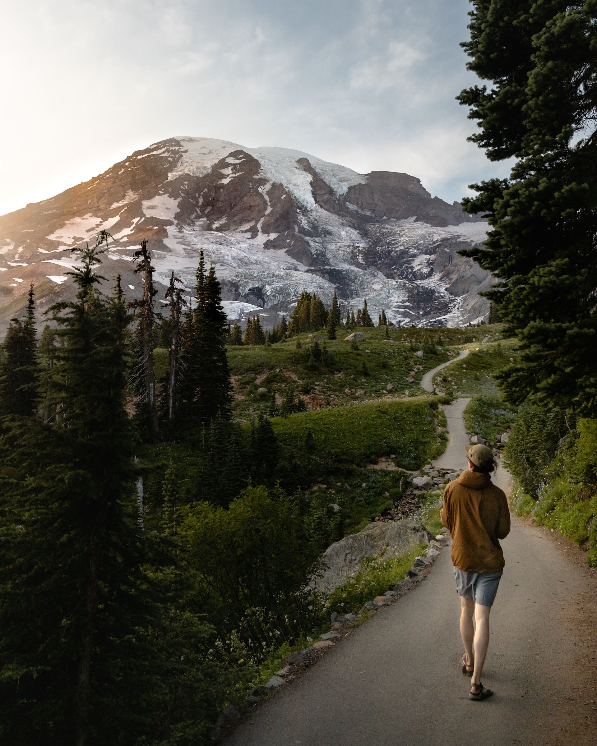Hiker on a path in Mt Rainier National Park