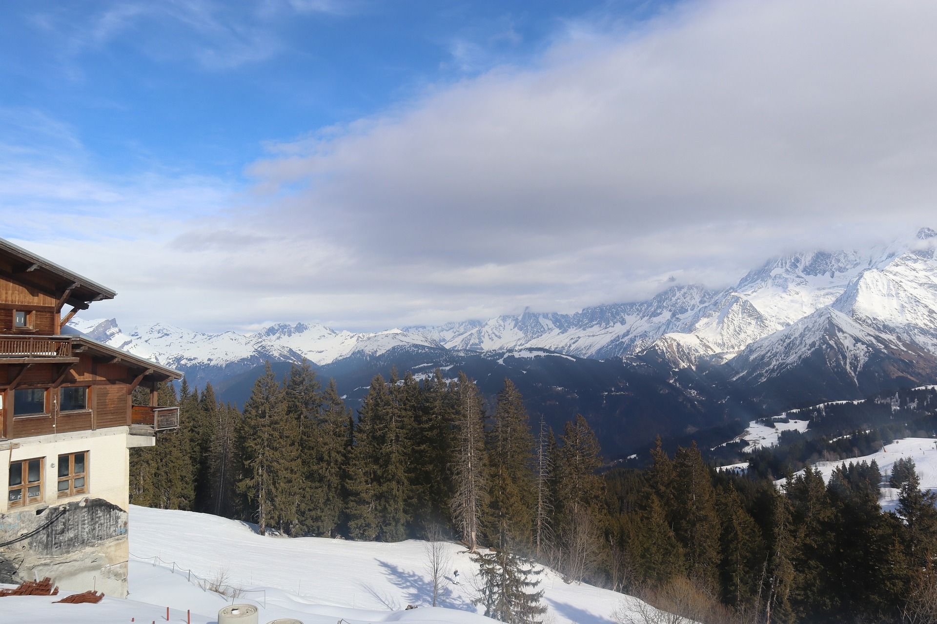 A view of snow-capped mountains from Megeve, France