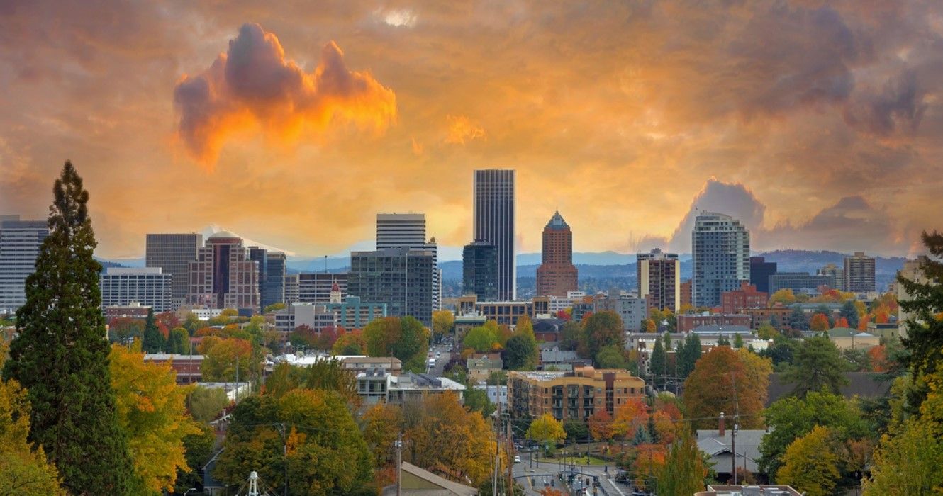 Portland Oregon Downtown City During Sunset in the Fall Season
