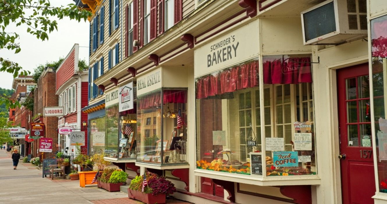Shops, eateries, and baseball-themed on Main Street in Cooperstown, Upstate New York, USA