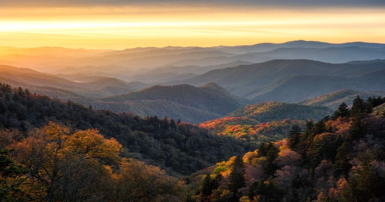 Great Smoky Mountains fall views seen from the Blue Ridge Parkway in North Carolina, USA