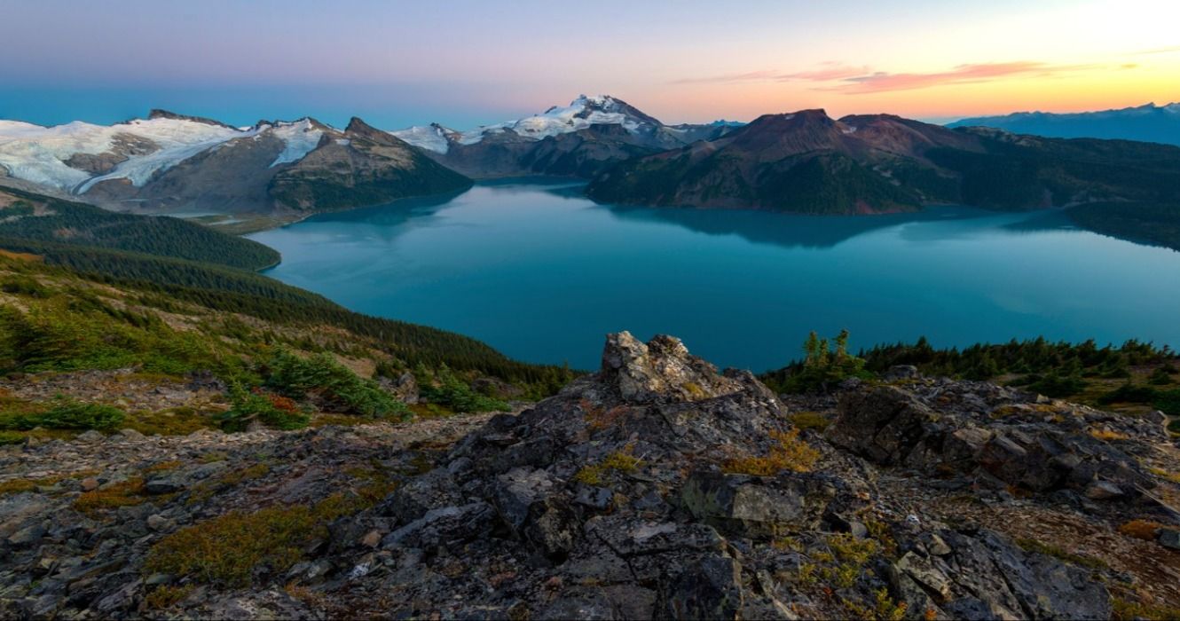 Sunset scenery of mountains and a lake in Garibaldi Provincial Park, British Columbia, Canada