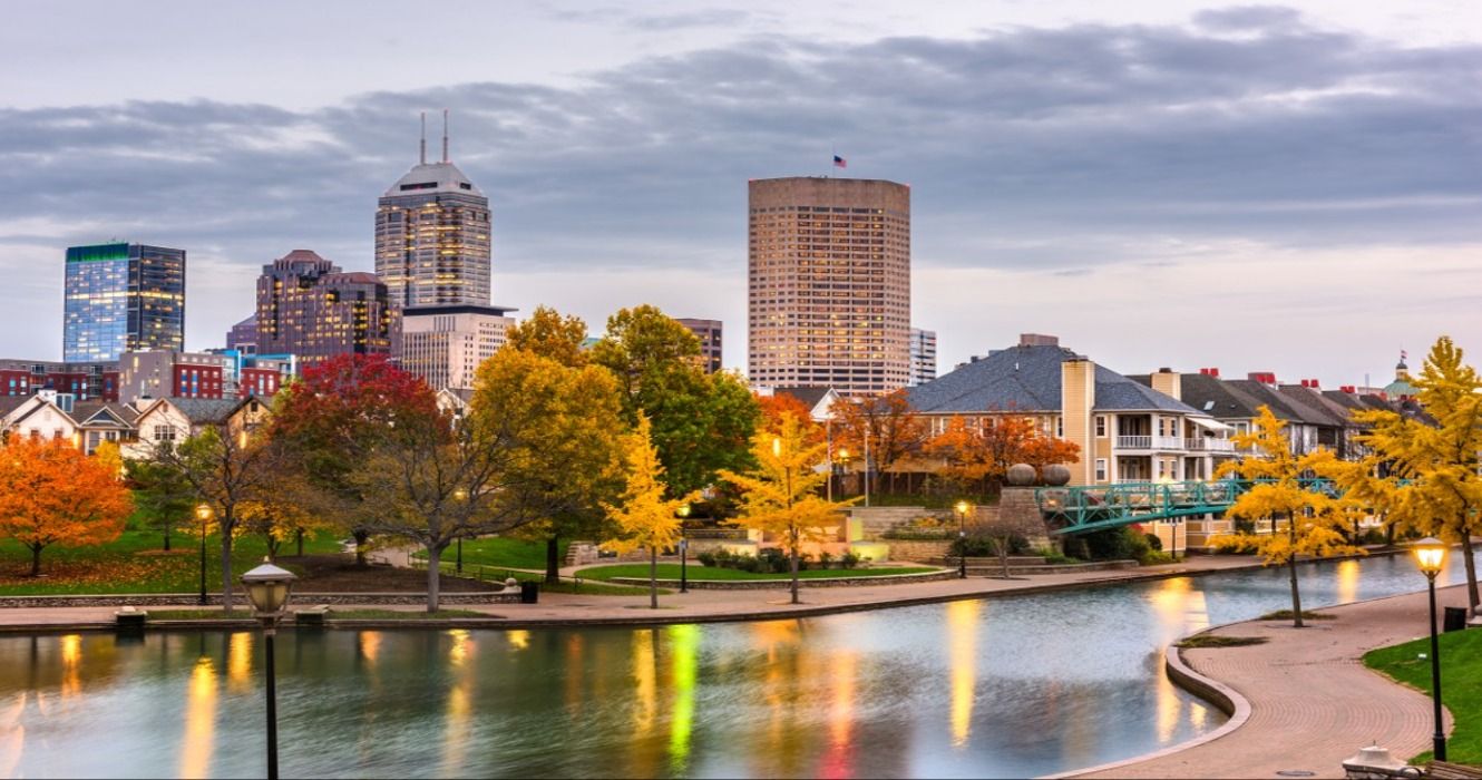 Indianapolis downtown cityscape on the White River during the fall, Indiana, USA