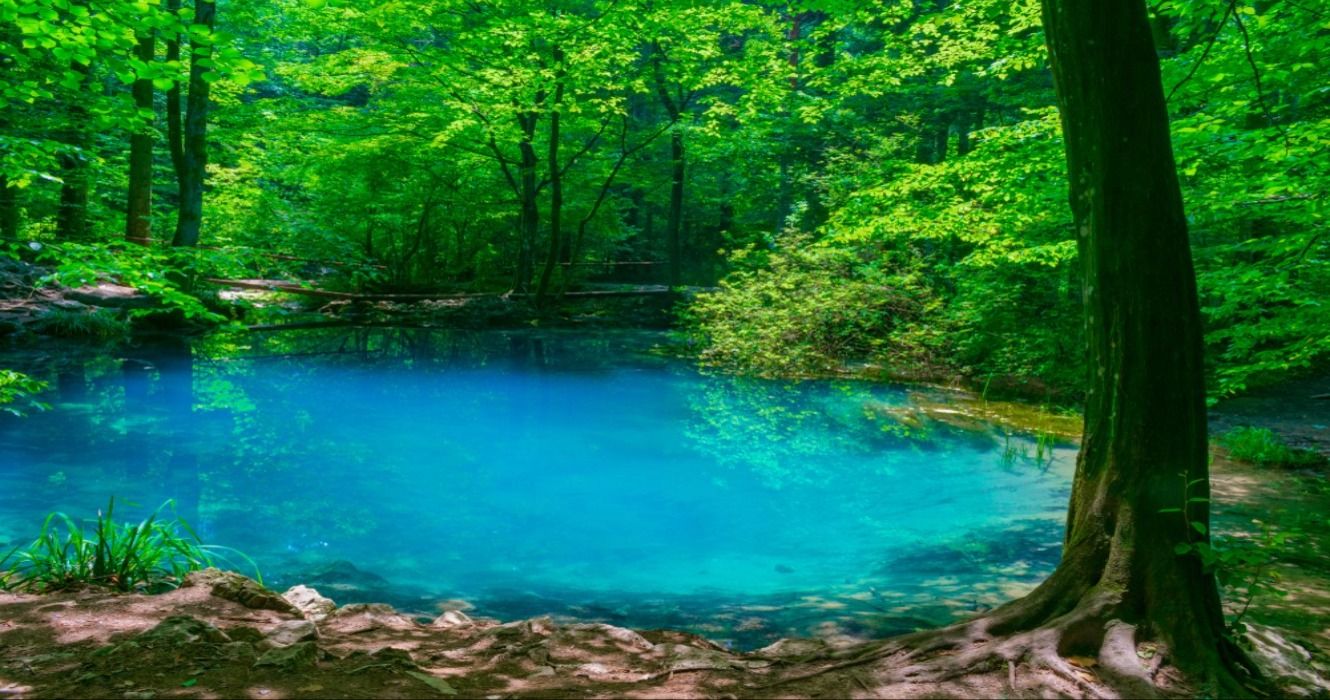 The small emerald lake of Ochiul Beiului on the Nera Gorge in Beusnita National Park, Romania