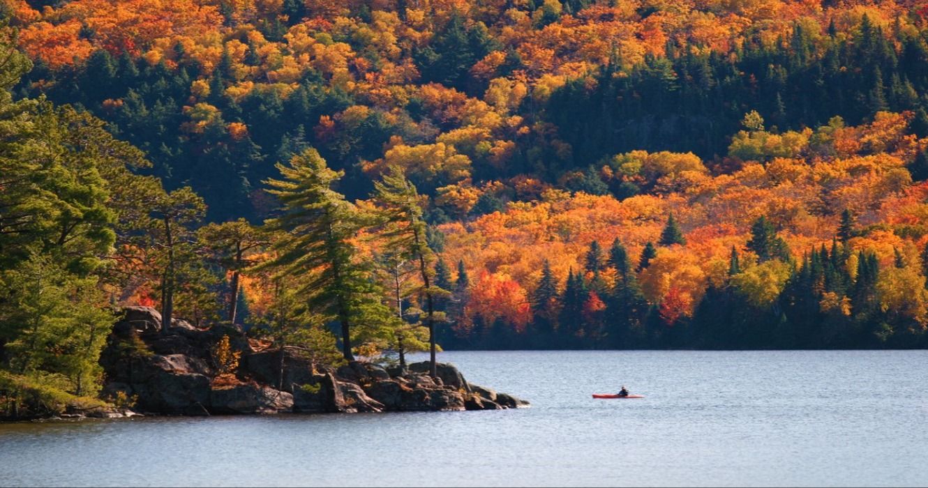 A person kayaking on a lake surrounded by fall foliage in Algonquin Provincial Park, Ontario, Canada