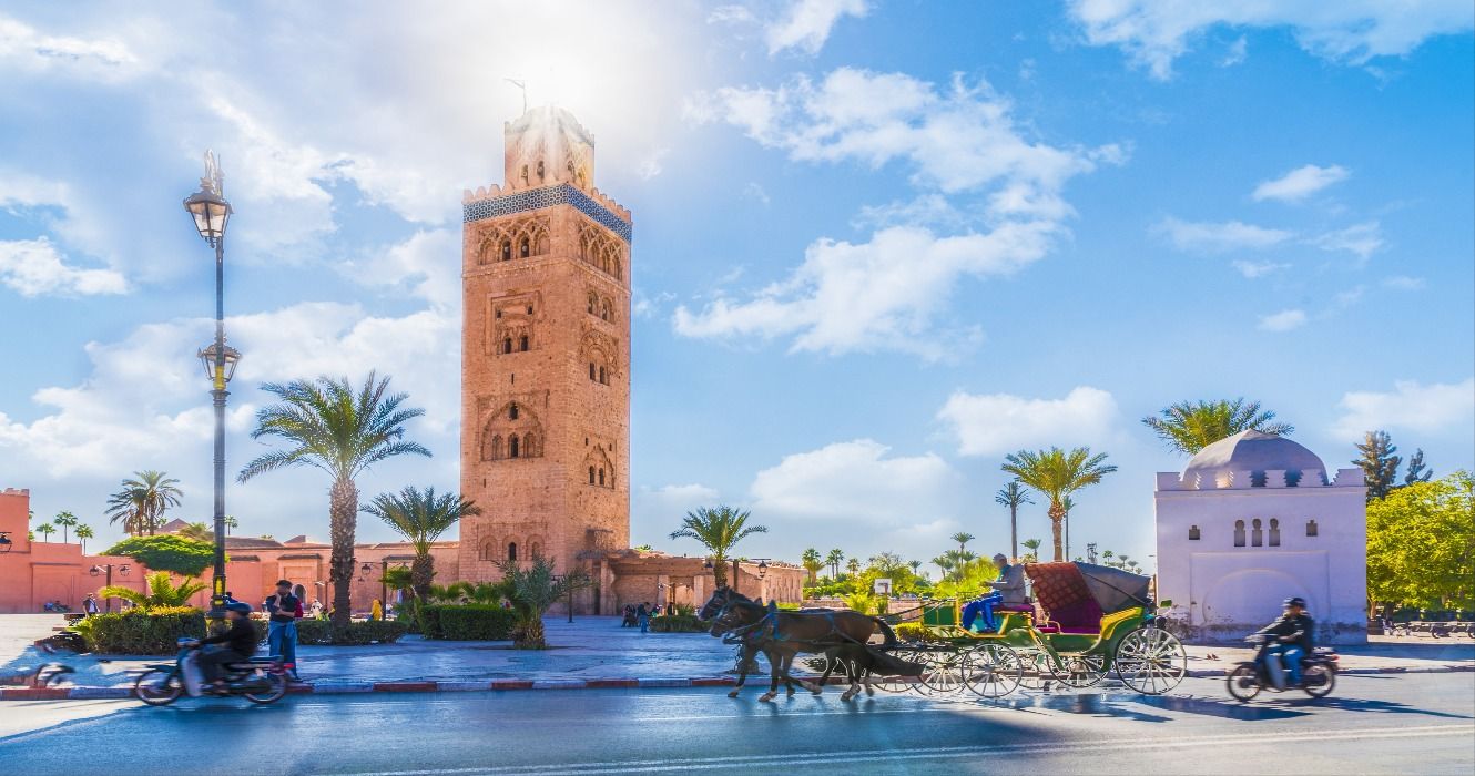 Koutoubia Mosque minaret at the medina quarter of Marrakesh, Morocco